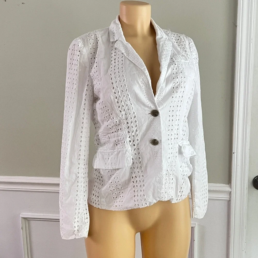 J.Crew Eyelet Blazer Womens 4 White Cotton‎ Floral Lace Two Button Summer Jacket